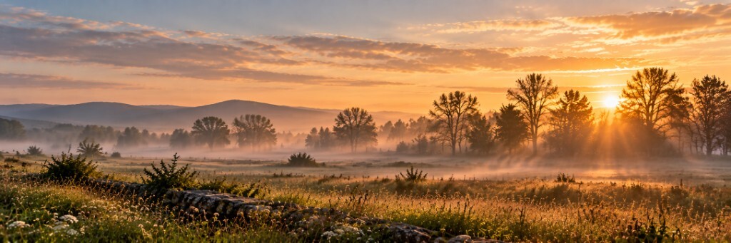 A misty meadow at sunrise
